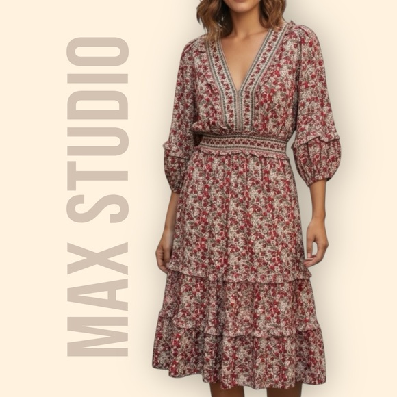 Max Studio Dress Womens Large Red Floral Boho Smocked Ruffle Tiered Cottagecore - Picture 1 of 15